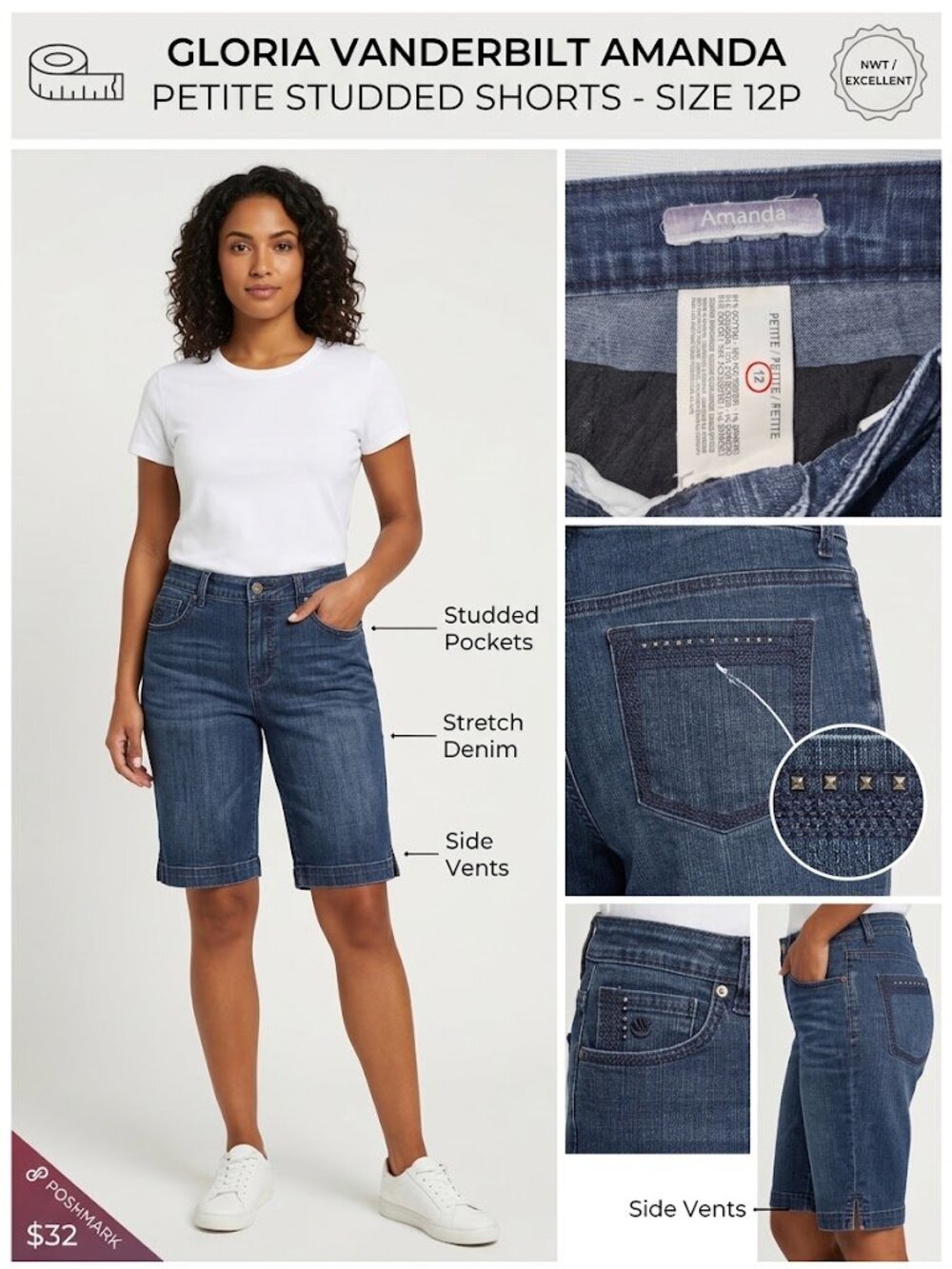 Gloria Vanderbilt Amanda Denim Bermuda Shorts Size 12 Petite Studded Back Pocket